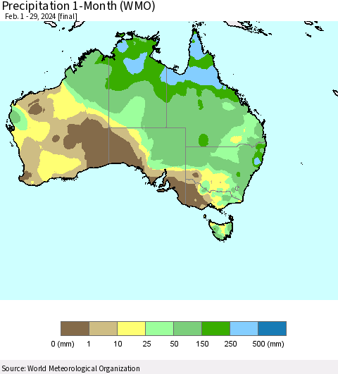 Australia Precipitation 1-Month (WMO) Thematic Map For 2/1/2024 - 2/29/2024