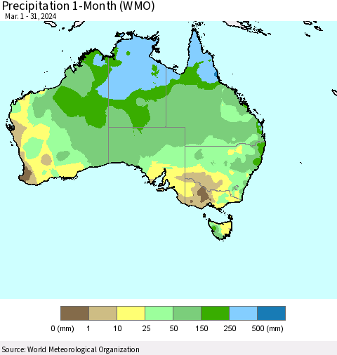 Australia Precipitation 1-Month (WMO) Thematic Map For 3/1/2024 - 3/31/2024