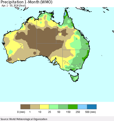 Australia Precipitation 1-Month (WMO) Thematic Map For 4/1/2024 - 4/30/2024