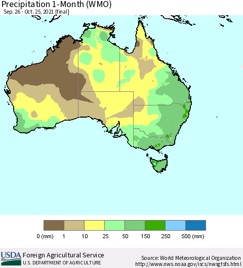 Australia Precipitation 1-Month (WMO) Thematic Map For 9/26/2021 - 10/25/2021
