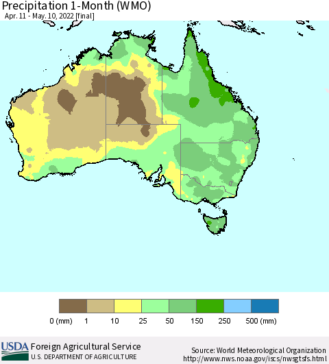 Australia Precipitation 1-Month (WMO) Thematic Map For 4/11/2022 - 5/10/2022