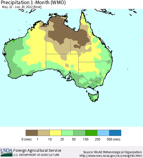 Australia Precipitation 1-Month (WMO) Thematic Map For 5/21/2022 - 6/20/2022