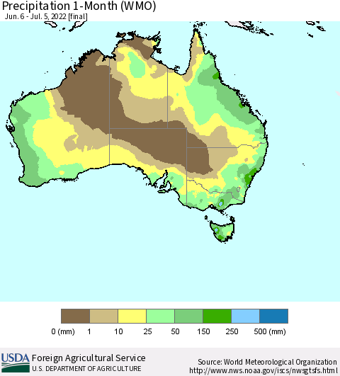 Australia Precipitation 1-Month (WMO) Thematic Map For 6/6/2022 - 7/5/2022