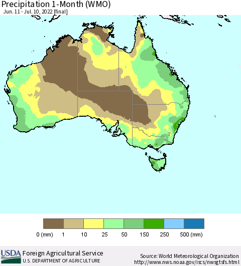 Australia Precipitation 1-Month (WMO) Thematic Map For 6/11/2022 - 7/10/2022