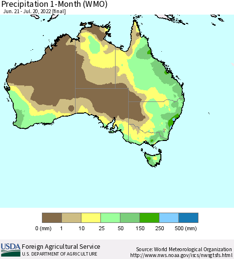 Australia Precipitation 1-Month (WMO) Thematic Map For 6/21/2022 - 7/20/2022