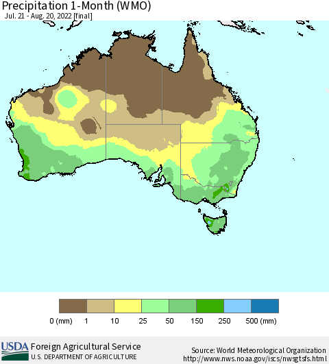 Australia Precipitation 1-Month (WMO) Thematic Map For 7/21/2022 - 8/20/2022