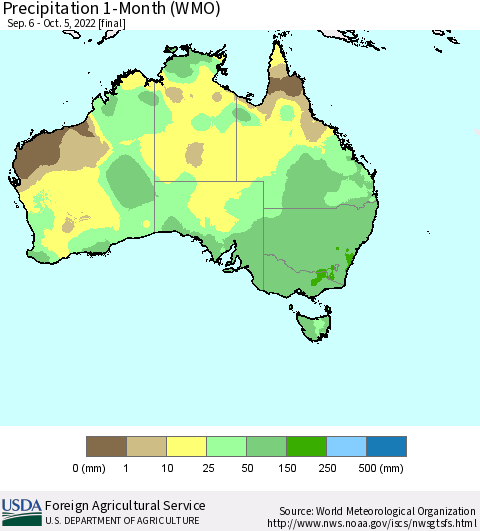Australia Precipitation 1-Month (WMO) Thematic Map For 9/6/2022 - 10/5/2022