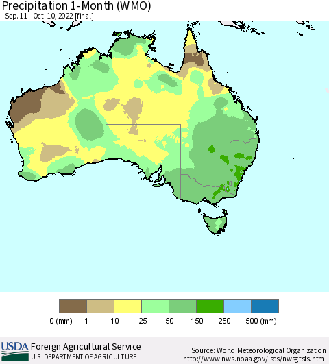 Australia Precipitation 1-Month (WMO) Thematic Map For 9/11/2022 - 10/10/2022