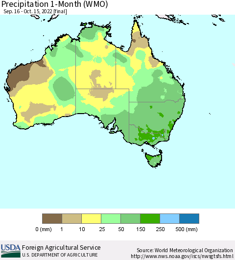 Australia Precipitation 1-Month (WMO) Thematic Map For 9/16/2022 - 10/15/2022