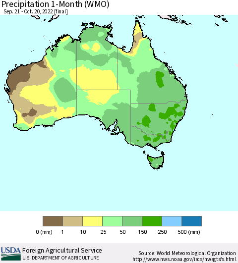 Australia Precipitation 1-Month (WMO) Thematic Map For 9/21/2022 - 10/20/2022