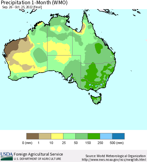 Australia Precipitation 1-Month (WMO) Thematic Map For 9/26/2022 - 10/25/2022