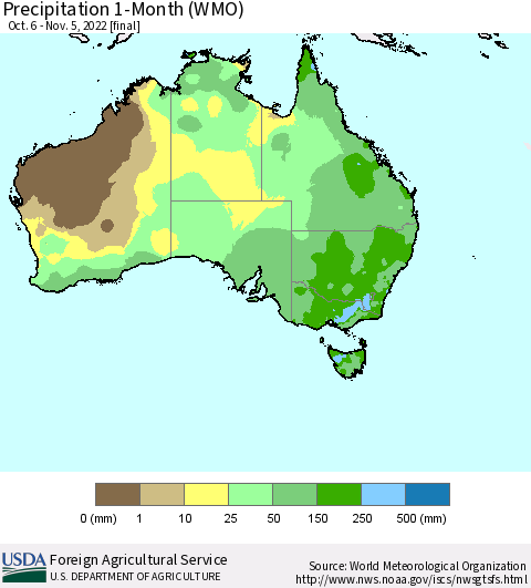 Australia Precipitation 1-Month (WMO) Thematic Map For 10/6/2022 - 11/5/2022