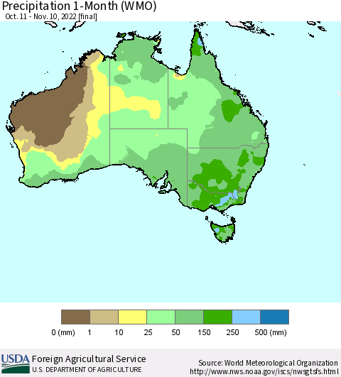 Australia Precipitation 1-Month (WMO) Thematic Map For 10/11/2022 - 11/10/2022