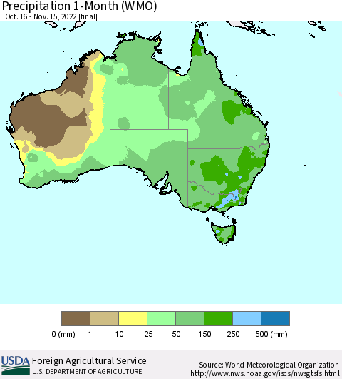 Australia Precipitation 1-Month (WMO) Thematic Map For 10/16/2022 - 11/15/2022