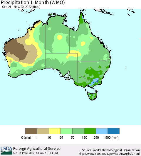 Australia Precipitation 1-Month (WMO) Thematic Map For 10/21/2022 - 11/20/2022