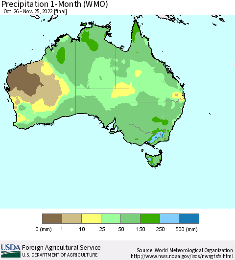 Australia Precipitation 1-Month (WMO) Thematic Map For 10/26/2022 - 11/25/2022