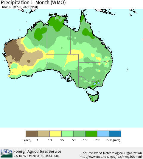 Australia Precipitation 1-Month (WMO) Thematic Map For 11/6/2022 - 12/5/2022