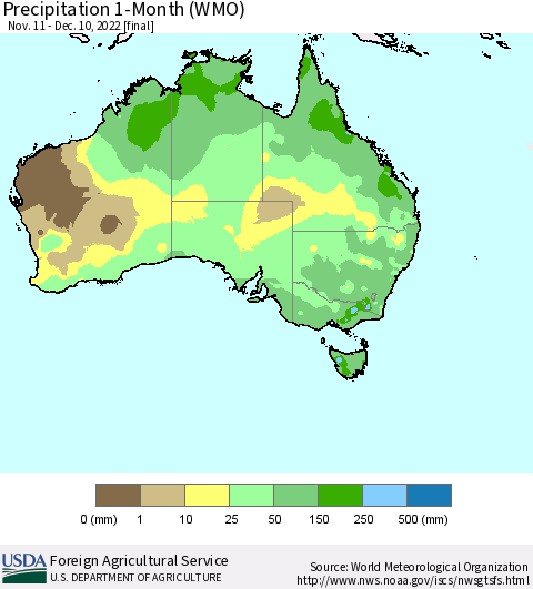 Australia Precipitation 1-Month (WMO) Thematic Map For 11/11/2022 - 12/10/2022