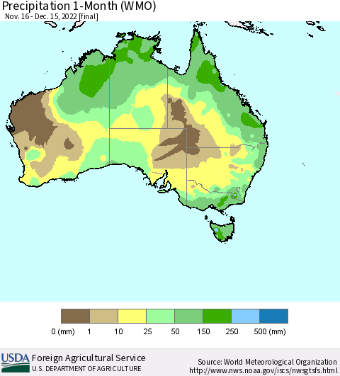 Australia Precipitation 1-Month (WMO) Thematic Map For 11/16/2022 - 12/15/2022