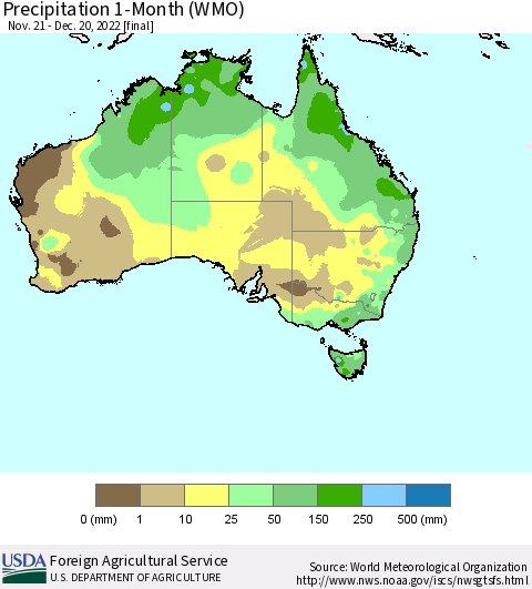 Australia Precipitation 1-Month (WMO) Thematic Map For 11/21/2022 - 12/20/2022