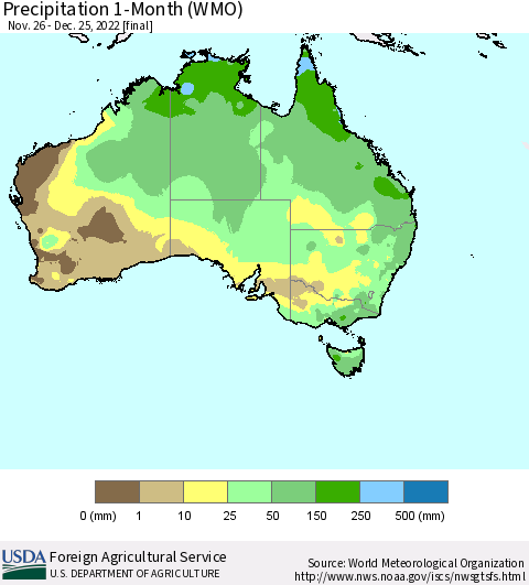 Australia Precipitation 1-Month (WMO) Thematic Map For 11/26/2022 - 12/25/2022