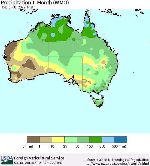 Australia Precipitation 1-Month (WMO) Thematic Map For 12/1/2022 - 12/31/2022