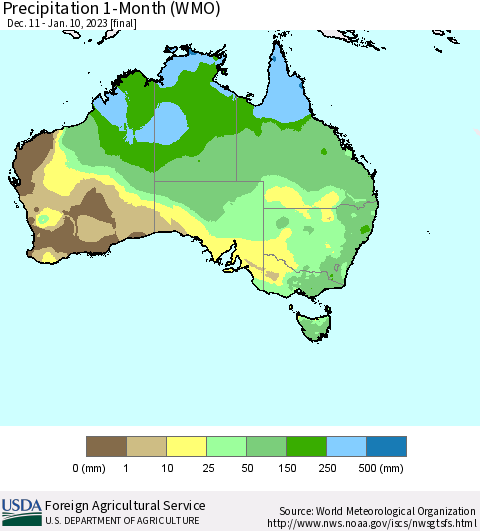 Australia Precipitation 1-Month (WMO) Thematic Map For 12/11/2022 - 1/10/2023