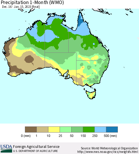 Australia Precipitation 1-Month (WMO) Thematic Map For 12/16/2022 - 1/15/2023