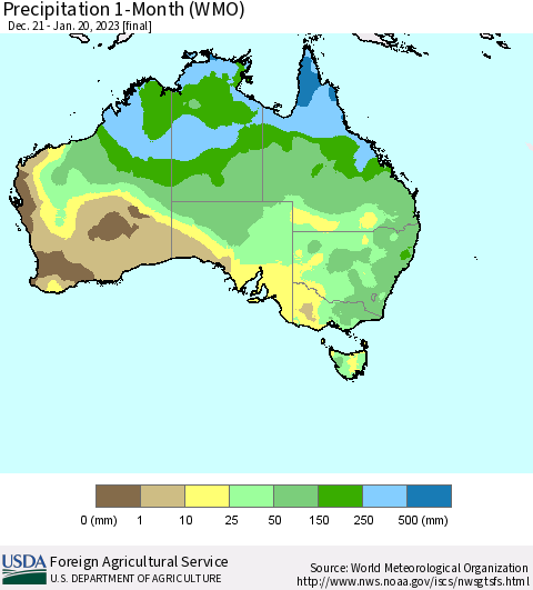 Australia Precipitation 1-Month (WMO) Thematic Map For 12/21/2022 - 1/20/2023