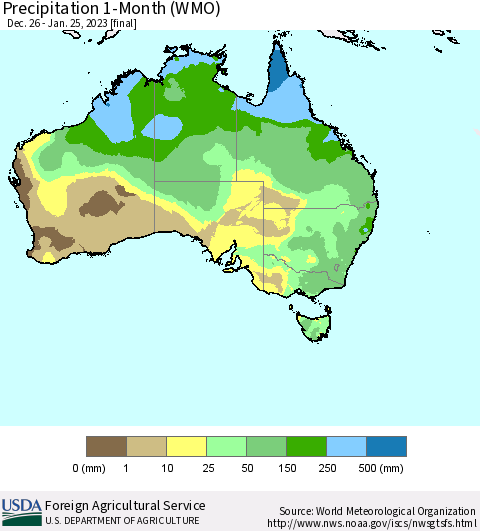 Australia Precipitation 1-Month (WMO) Thematic Map For 12/26/2022 - 1/25/2023