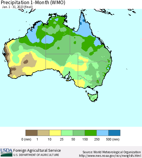 Australia Precipitation 1-Month (WMO) Thematic Map For 1/1/2023 - 1/31/2023