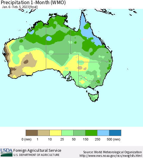 Australia Precipitation 1-Month (WMO) Thematic Map For 1/6/2023 - 2/5/2023