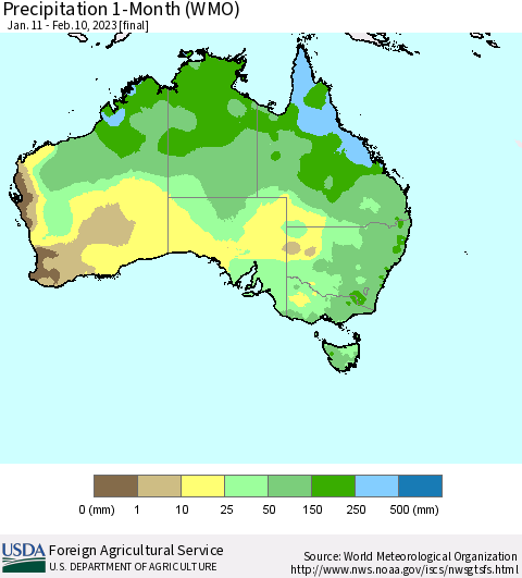 Australia Precipitation 1-Month (WMO) Thematic Map For 1/11/2023 - 2/10/2023