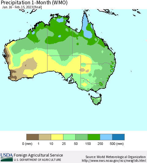 Australia Precipitation 1-Month (WMO) Thematic Map For 1/16/2023 - 2/15/2023