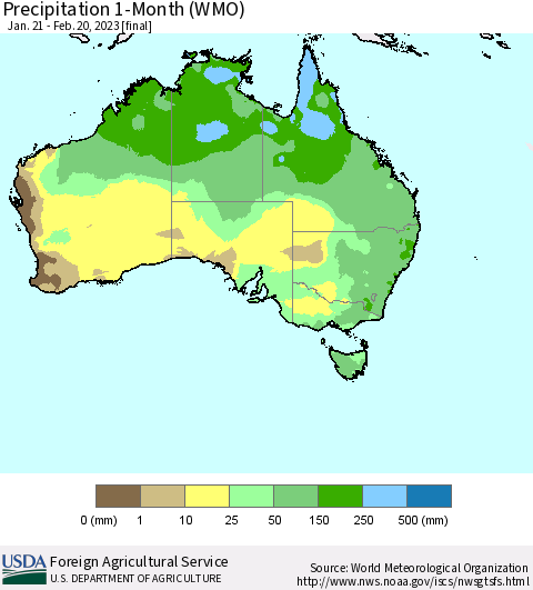 Australia Precipitation 1-Month (WMO) Thematic Map For 1/21/2023 - 2/20/2023