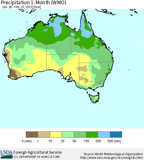 Australia Precipitation 1-Month (WMO) Thematic Map For 1/26/2023 - 2/25/2023