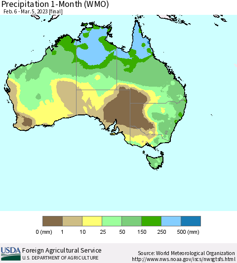 Australia Precipitation 1-Month (WMO) Thematic Map For 2/6/2023 - 3/5/2023