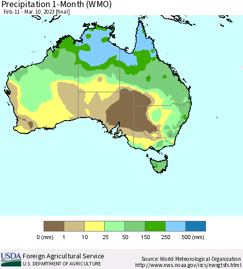 Australia Precipitation 1-Month (WMO) Thematic Map For 2/11/2023 - 3/10/2023