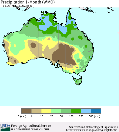 Australia Precipitation 1-Month (WMO) Thematic Map For 2/16/2023 - 3/15/2023