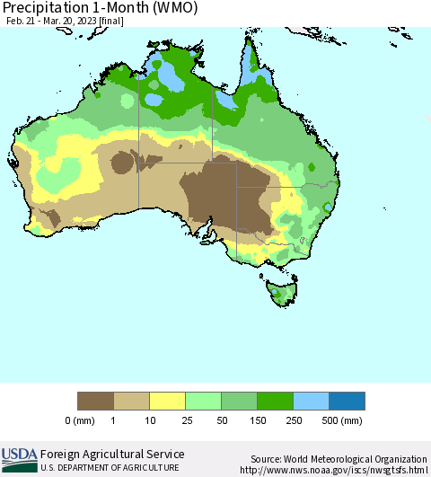 Australia Precipitation 1-Month (WMO) Thematic Map For 2/21/2023 - 3/20/2023
