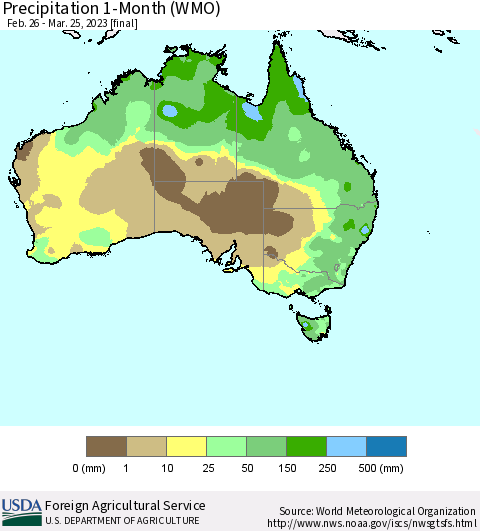 Australia Precipitation 1-Month (WMO) Thematic Map For 2/26/2023 - 3/25/2023