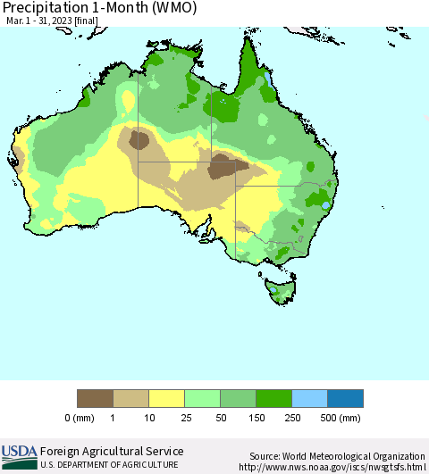 Australia Precipitation 1-Month (WMO) Thematic Map For 3/1/2023 - 3/31/2023
