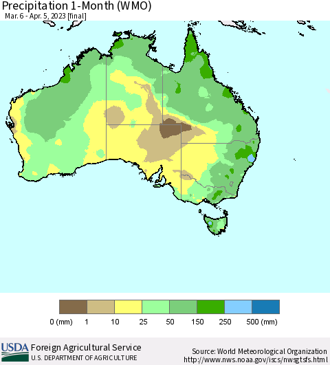 Australia Precipitation 1-Month (WMO) Thematic Map For 3/6/2023 - 4/5/2023