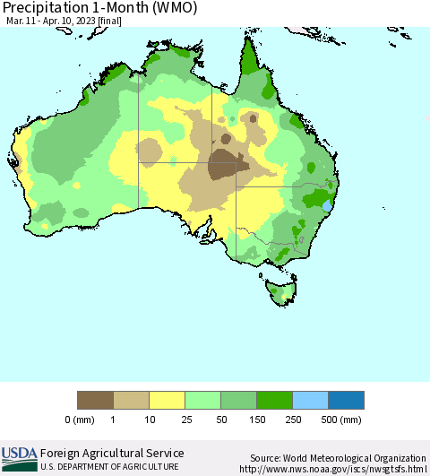 Australia Precipitation 1-Month (WMO) Thematic Map For 3/11/2023 - 4/10/2023