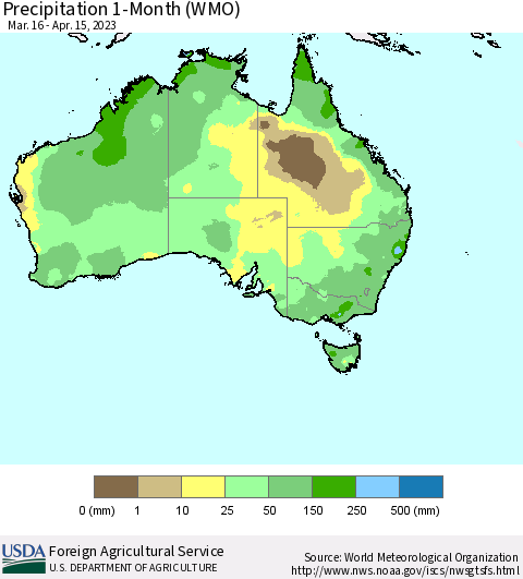 Australia Precipitation 1-Month (WMO) Thematic Map For 3/16/2023 - 4/15/2023