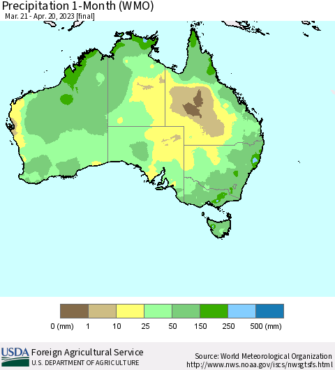 Australia Precipitation 1-Month (WMO) Thematic Map For 3/21/2023 - 4/20/2023
