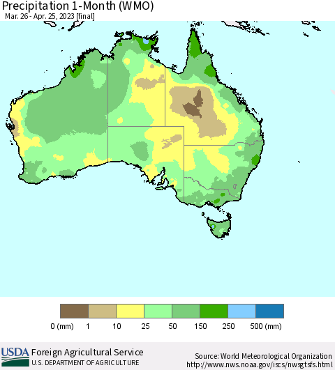 Australia Precipitation 1-Month (WMO) Thematic Map For 3/26/2023 - 4/25/2023