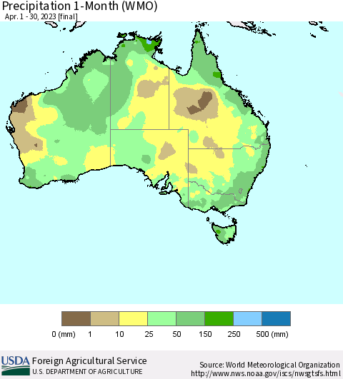 Australia Precipitation 1-Month (WMO) Thematic Map For 4/1/2023 - 4/30/2023