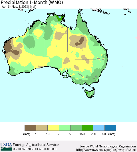 Australia Precipitation 1-Month (WMO) Thematic Map For 4/6/2023 - 5/5/2023