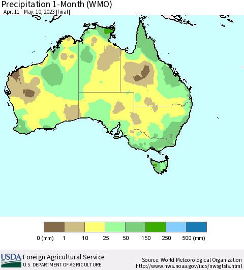 Australia Precipitation 1-Month (WMO) Thematic Map For 4/11/2023 - 5/10/2023
